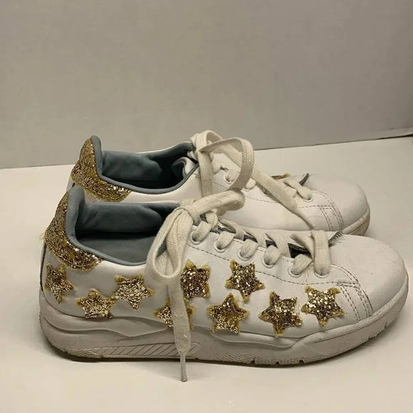 Chiara Ferragni Roger Sneakers Shoes Gold Glitter Stars White Leather Lace Up 37 - Picture 3 of 10